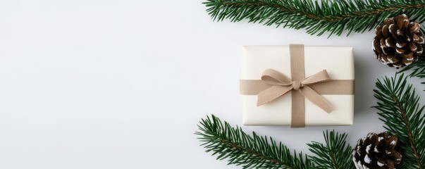 Luxury minimalist Christmas setting idea. Gift wrapped in white with pine branches and pinecones.