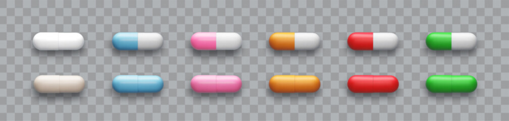 3d pill set white,red, blue, yellow, green and beige tablet isolated on transparent background. Realistic vector medicament illustration