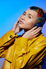 Creative woman with colorful hair wearing headphones and a yellow leather jacket, posing against a...