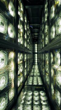The Inner Workings of a Massive Server Farm or Crypto Mining Operation, Showing Racks of Hardware and Cooling Systems, Perfect for Videos on Big Data