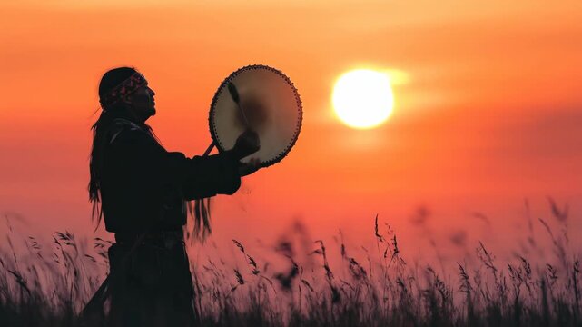 shaman ritual. spiritual indigenous shamanic man raises traditional drum and drumstick. cultural identity, ritual music, spiritual traditions. native american heritage day