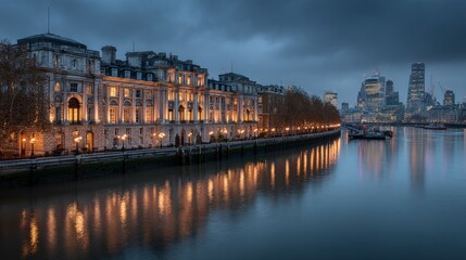Naklejka premium London Skyline at Dusk with Reflections on the Thames River Serenity