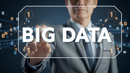 Asian Businessman Interacting with Digital Big Data Interface with Flowing Binary Code in a Dark Blue Background in a Professional Suit - Powered by Adobe