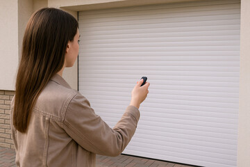 Generative AI: Garage door PVC. Girl or young woman use remote controller for closing and opening garage door
: