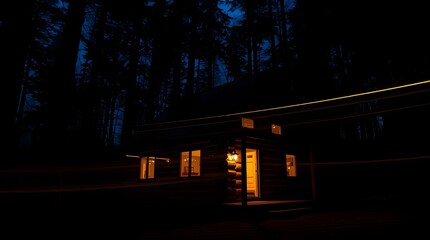 A long exposure photograph of a forest cabin with contrasting chiaroscuro lighting, strong contrasts, deep shadows, capturing motion blur, or light trails, detailed wooden structure, warm inviting glo
