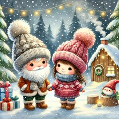 Cartoon bearded man and girl in winter hats and sweaters holding hands in snowy forest near wooden house decorated with wreath and lights.