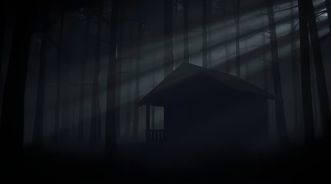 A volumetric lighting digital rendering of a black and white forest cabin scene, intense jet black, pure black, deep shadows, volumetric lighting, visible light beams through fog or dust, detailed woo