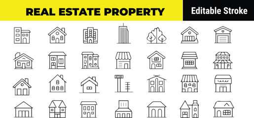 Black line art icons of various houses buildings and commercial properties