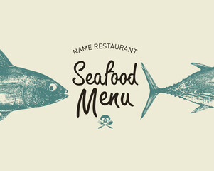Vector banner with two halves of tuna on the theme of seafood. Logo, menu, label for restaurant, cafe. Signboard for fish market, store. Canned food. Print, fabric, textile. No ai used