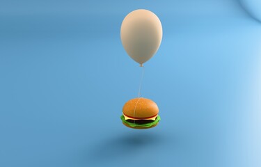 Cheeseburger tied to pastel balloon food concept 3D render