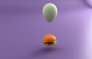 Cheeseburger tied to pastel balloon food concept 3D render