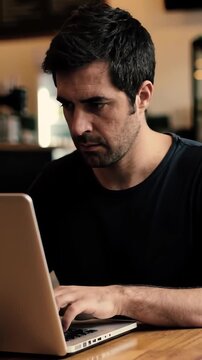 A Focused Man Working on His Laptop in a Modern Cafe, Concentrating on a Project, Ideal for Videos about Freelancing and Remote Work Lifestyles