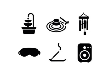 solid icon isolated meditation water fountain zen rock garden bamboo wind chime silk eye pillow scented incense stick ambient speaker