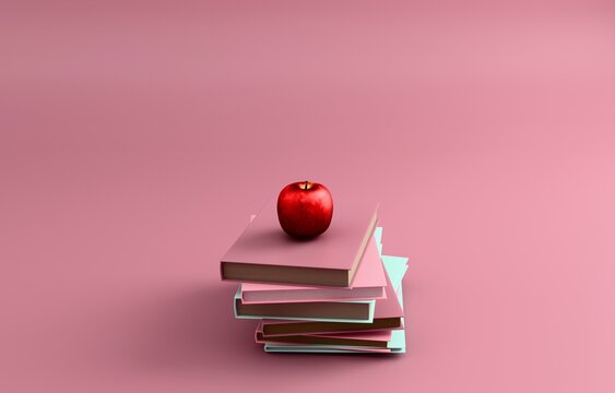 Stack of books with apple knowledge education pastel 3D icon
