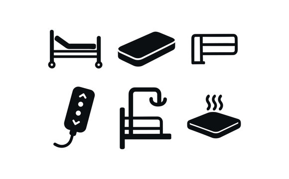 solid icon isolated patient bed frame patient bed mattress pad patient bed rail patient bed remote control patient bed IV hook patient bed pressure sensor