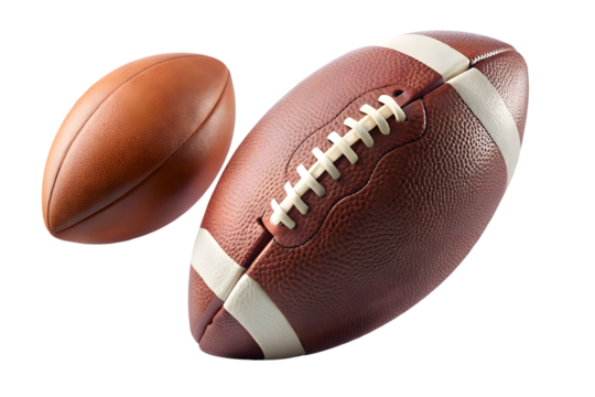 Falling American football ball rugby ball isolated on transparent background full depth of field