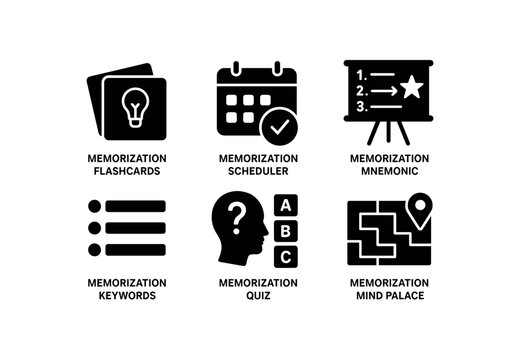 solid icon isolated memorization flashcard deck memorization spaced repetition scheduler memorization mnemonic chart memorization keyword list memorization recall quiz module memorization