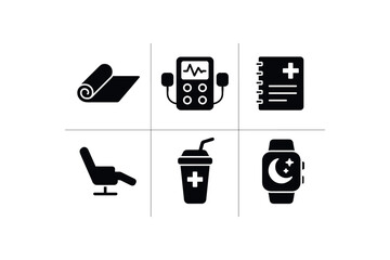 solid icon isolated recovery period physiotherapy mat recovery period muscle stimulator recovery period progress diary recovery period rest recr chair recovery period nutritional shake