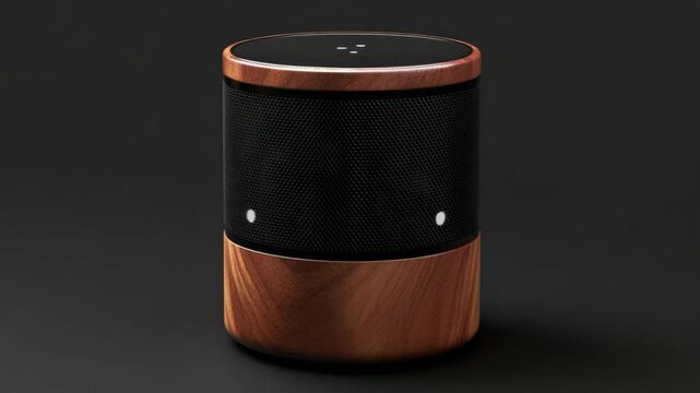 A modern smart speaker with a sleek wooden design, featuring voice control capabilities for home assistance, music playback and virtual assistant compatibility.