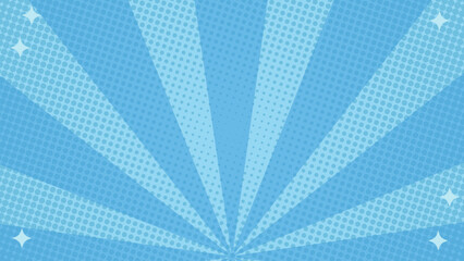 Blue comic background halftone style sun rays with stars. Suitable for comics, prints, posters, etc.