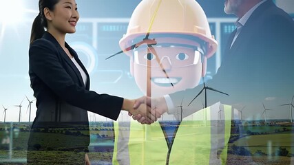 Asian Businesswoman and Businessman Handshake with Wind Turbines and Blue Sky Renewable Energy Collaboration Environmental Sustainability - Powered by Adobe