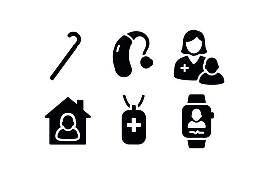 solid icon isolated senior citizen walking cane senior citizen hearing aid amplifier senior citizen care coordinator senior citizen community center senior citizen alert pendant senior