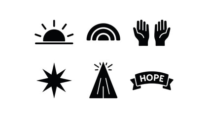 solid icon isolated hopefulness rising sun icon hopefulness rainbow arc hopefulness uplifted hands hopefulness starburst emblem hopefulness beam shaft hopefulness promise ribbon