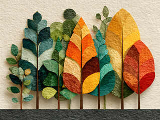 Colorful abstract paper craft leaves on textured surface