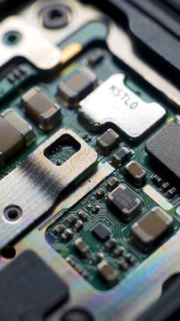 An Extreme Macro Video of a Complex Electronic Circuit Board, Revealing the Intricate Details of Microchips and Components, Ideal for Technology Videos