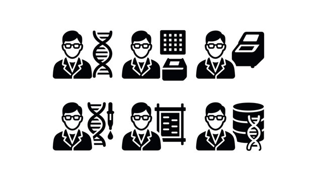 solid icon isolated geneticist DNA sequencer geneticist gene microarray geneticist PCR thermocycler geneticist CRISPR kit geneticist gel electrophoresis tank geneticist genome database