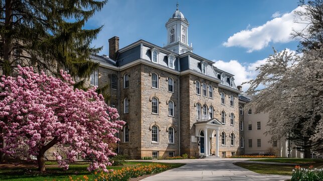 Historic old main building at penn state in spring, state college pa
