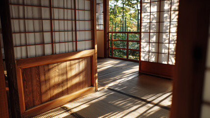 Wood and paper shoji sliding door partially open, gentle morning light on tatami mat floor