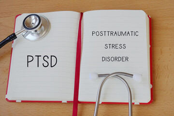 Medical Concepts. PTSD. Posttraumatic Stress Disorder. Word Written in a Medical Notebook with a...