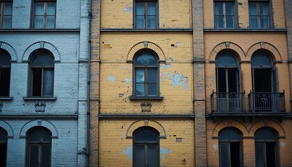Close up of aged building facade with arched windows and weathered texture