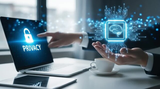 Privacy and security are visualized with a laptop and digital brain