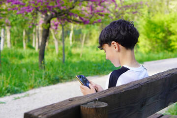Preteen Boy on His Back Sitting on a Park Bench Typing on His Cell Phone