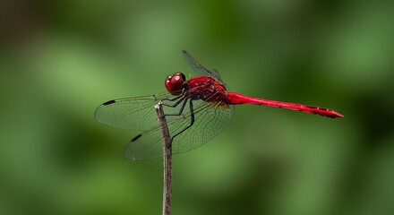 Vibrant red dragonfly perched on a thin twig with a soft green blurred background