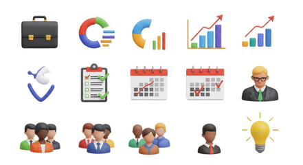 Illustration of business and management elements including charts graphs and team members in the office
