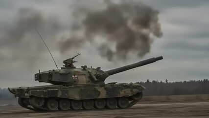 Military tank firing in a cloudy landscape, showcasing action and dramatic smoke in the background - Powered by Adobe