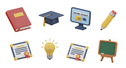 Illustration showing a book, graduation cap, computer, pencil, certificates, bulb and blackboard