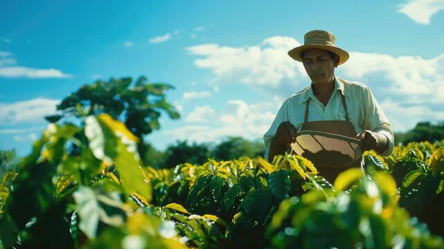 A man tending to a field of coffee plants. He is wearing traditional farmer attire and using manual tools for harvesting.