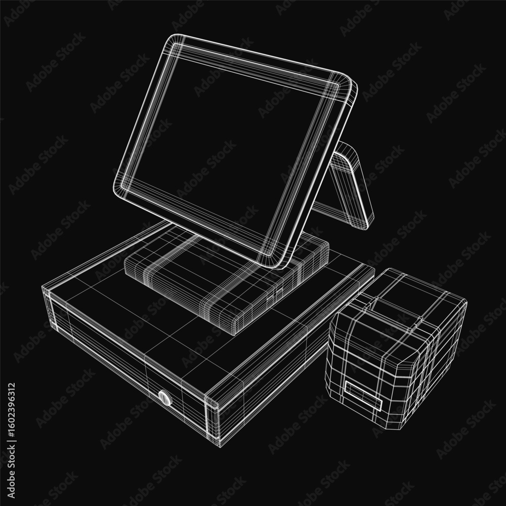 Fototapete a 3d wireframe model of a tablet computer with a cash machine box on top, displayed on a dark backgr