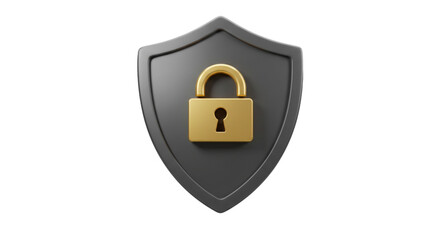A grey shield with a golden padlock in the center representing data security and protection system