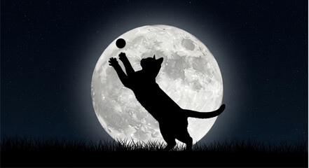 Silhouette of a cat reaching for a ball against the backdrop of a full moon at night in the grass