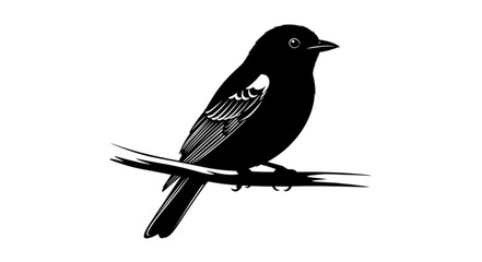Silhouette of a small bird perched on a branch with detailed wing feathers and simple eye design