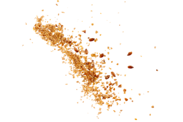 Flax powder and whole flax seeds mix flying, isolated food texture element