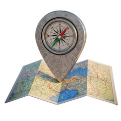 A compass in a location pin shape placed on top of a folded map indicating travel and adventure theme