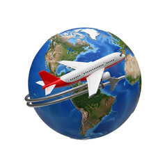 Airplane flying around the world with a red tail and white body on a blue and green earth globe