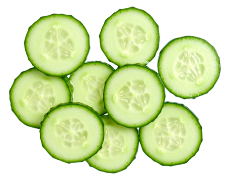  Fresh cucumber slices in mid-air water splash – PNG transparent background