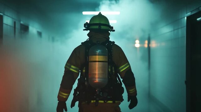 Courage Under Fire: A lone firefighter fearlessly advances through smoke-filled corridors, a symbol of bravery, ready to confront the raging inferno, embodying selflessness and commitment.